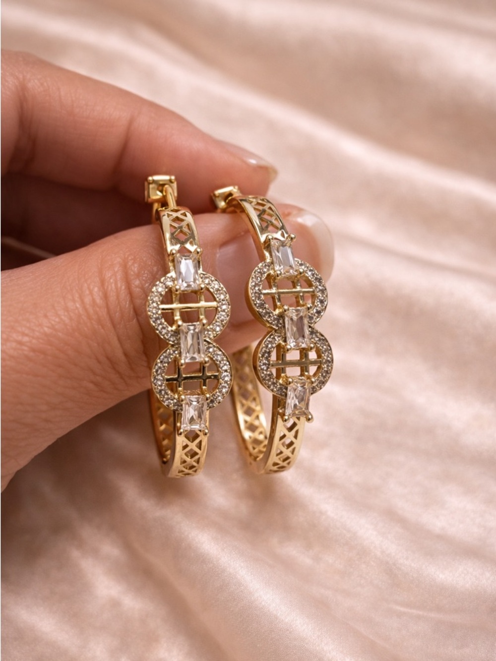 Gold color Hoop Earrings with Crystal Accents - Women Jewelry